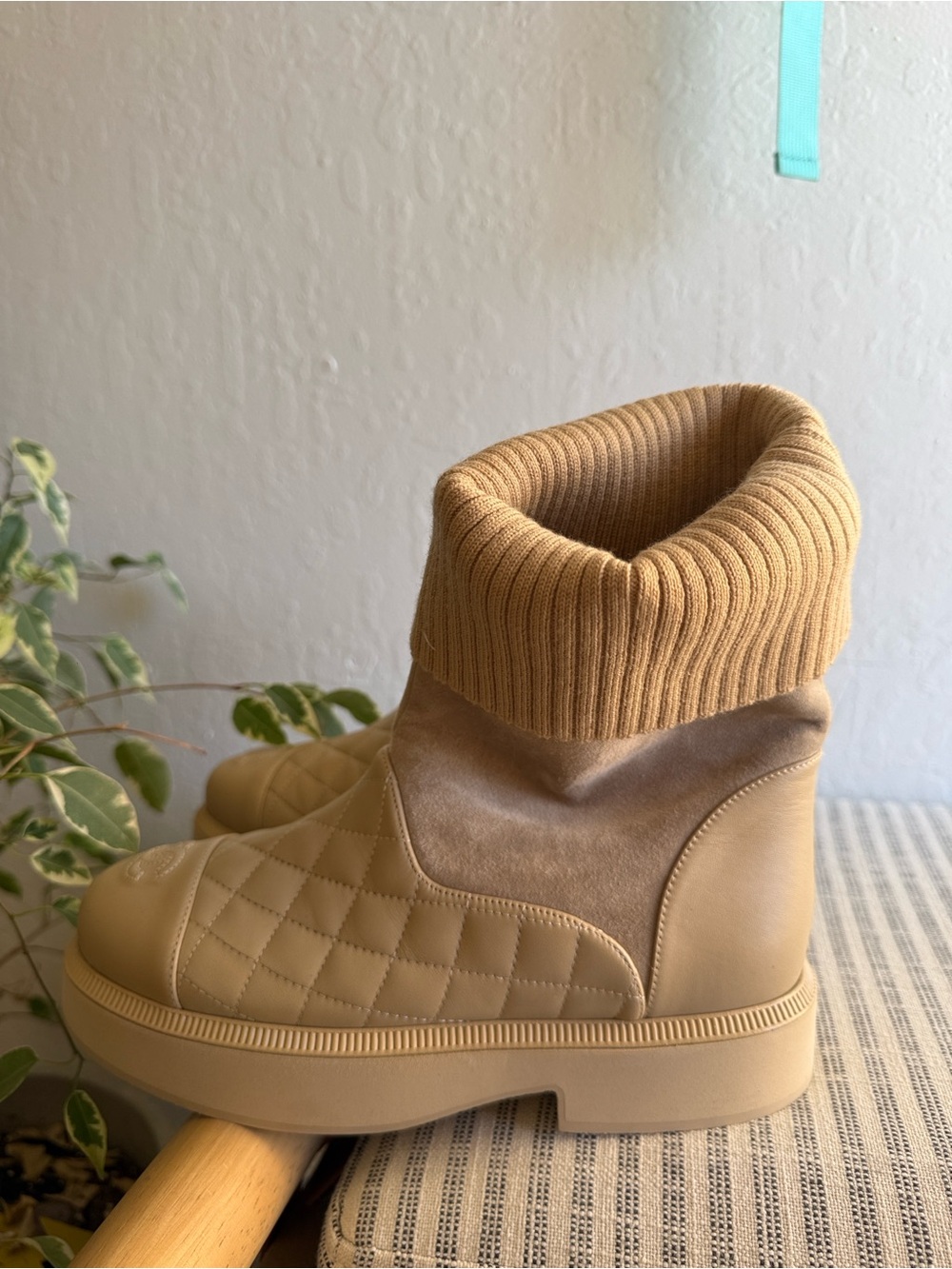 Chanel Quilted Tan Knit-Cuff Ankle Boots